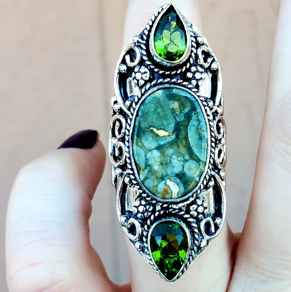 New Ocean Jasper & Peridot 925 Silver Statement Ring.